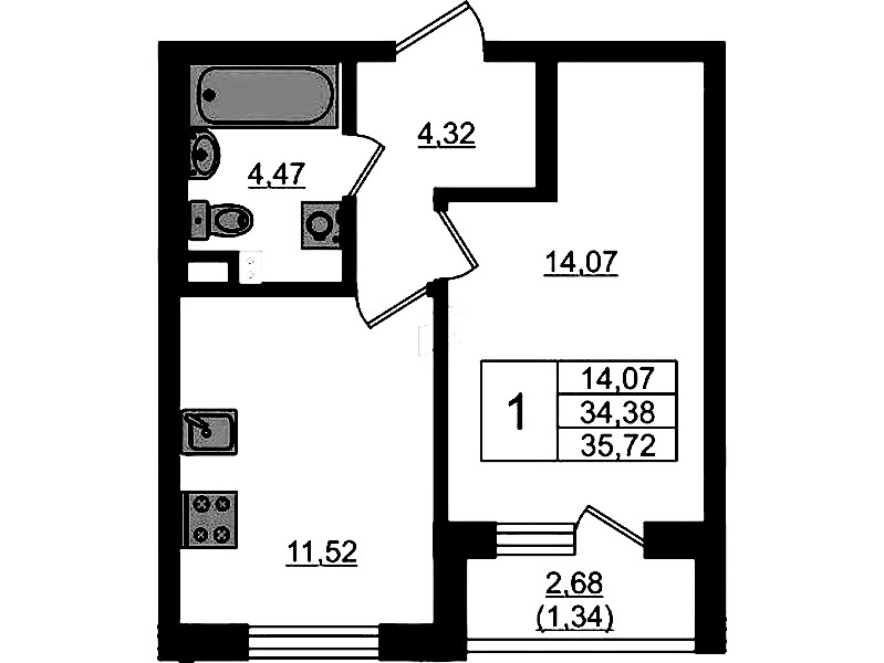 1-комнатная квартира 35.72 м², 2/4 эт., ЖК «Новая история»